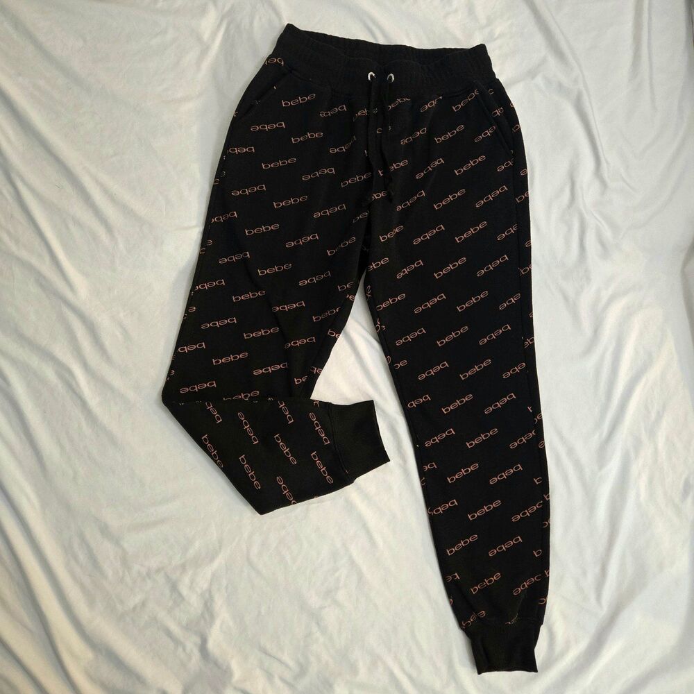 BEBE Authentic All Over Logo Print Women M. Black/pink Y2K Jogger Sweatpants